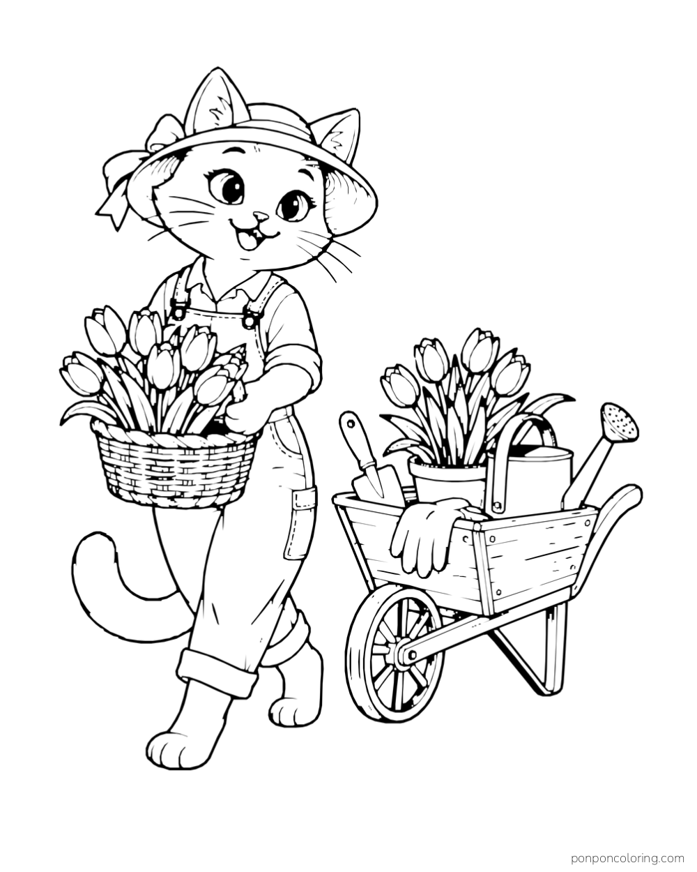 A cat in overalls and a sunhat carries a basket of tulips beside a wheelbarrow of gardening supplies.