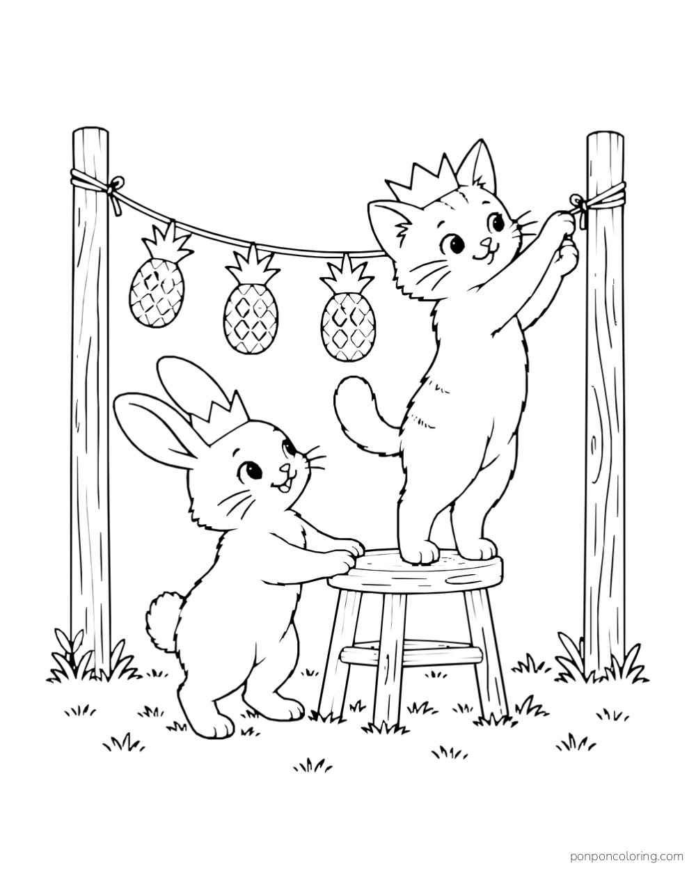 Cat on a stool hanging paper pineapple pennants while a rabbit steadies the stool.