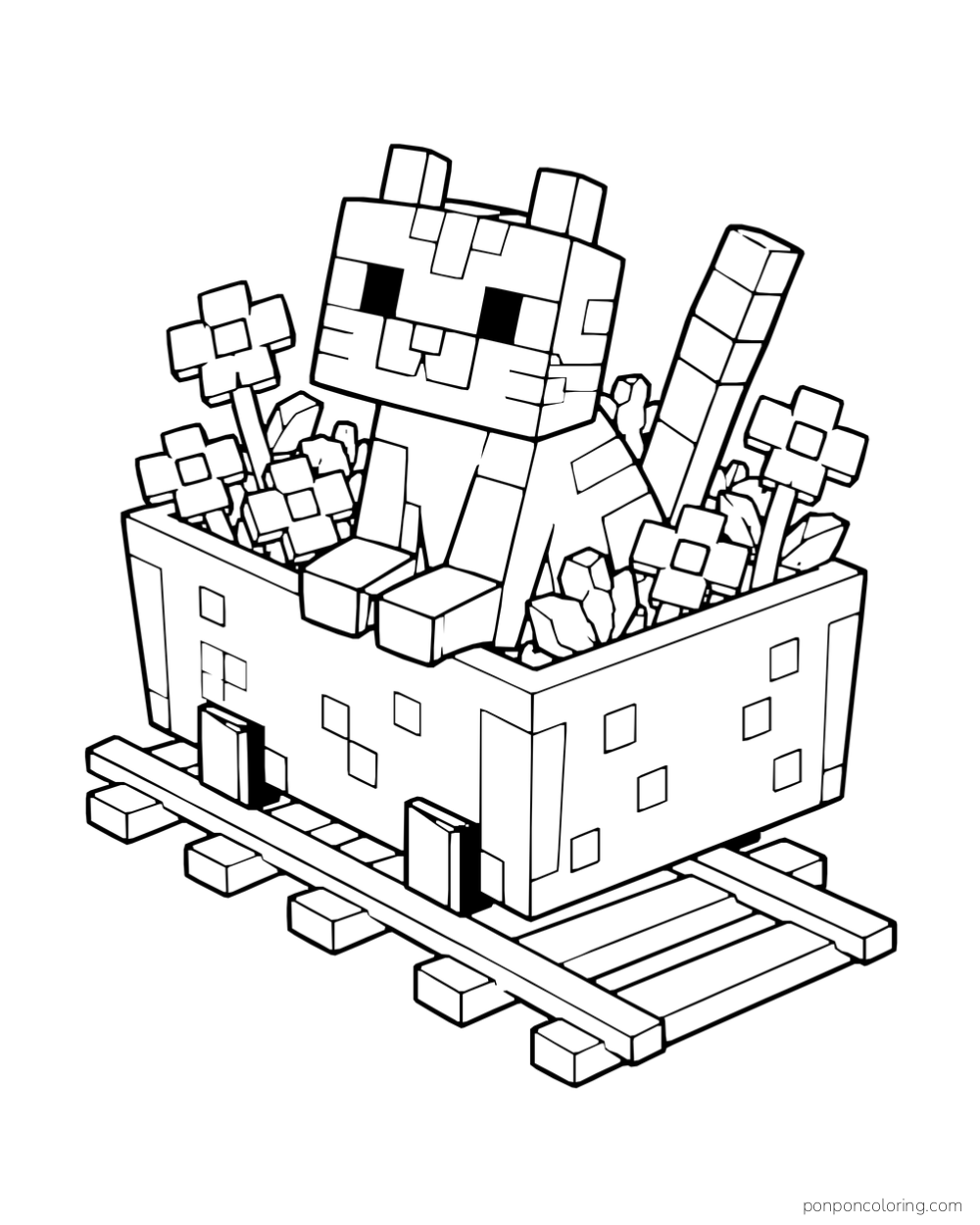 A cat sits among flowers inside a minecart on a short section of track.