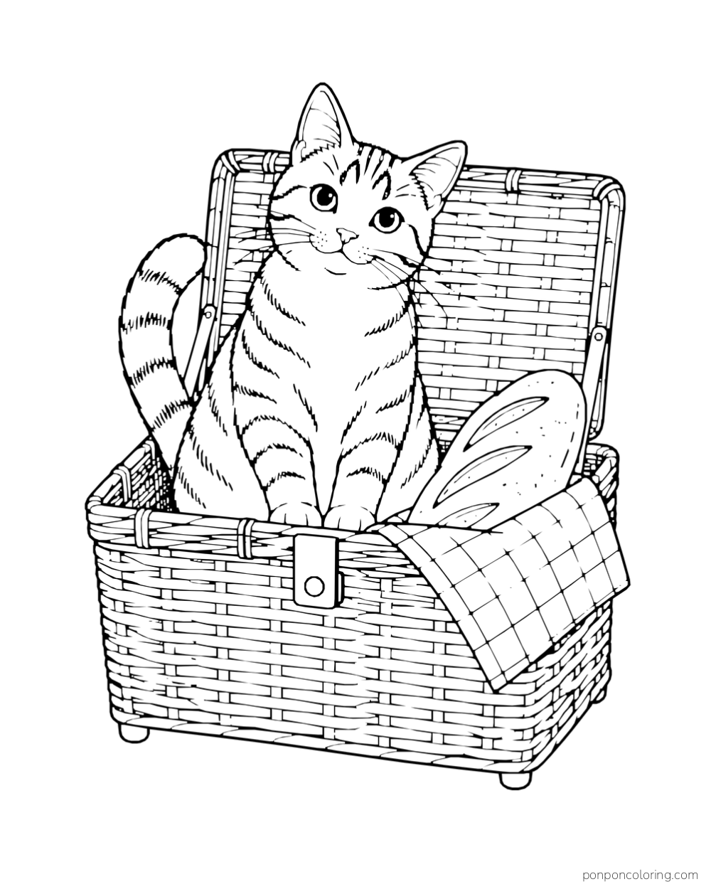 A tabby cat sits in an open picnic basket with bread and a checked napkin.