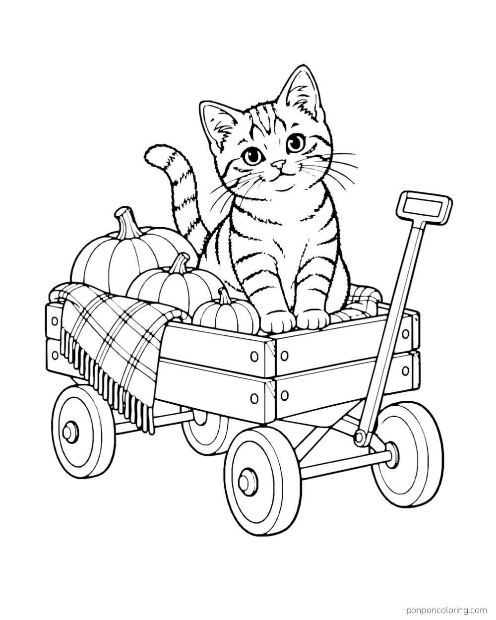 A tabby cat sits in a wooden wagon with pumpkins and a checked blanket.