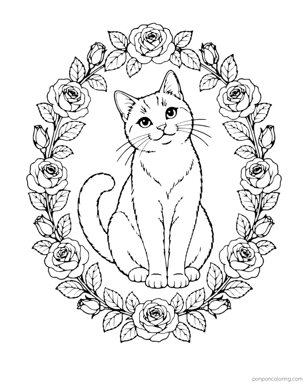 A sitting cat is surrounded by a complete oval wreath of roses and leaves.