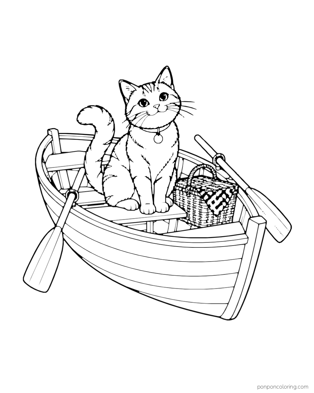 A cat sits in a wooden rowboat with two oars and a picnic basket.