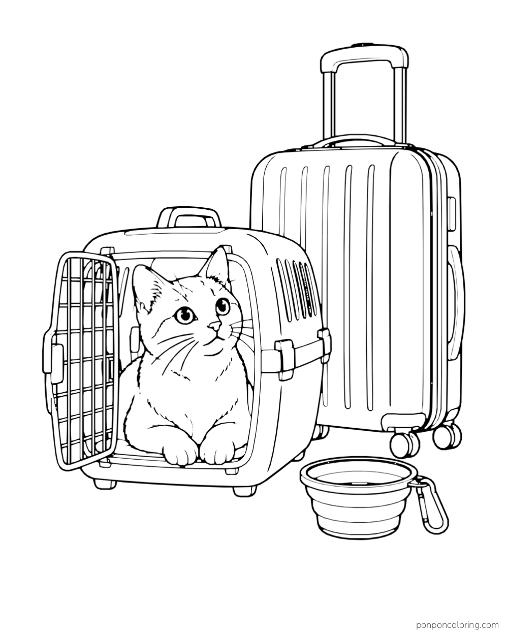 A cat sits in an open travel carrier beside a rolling suitcase and collapsible bowl.