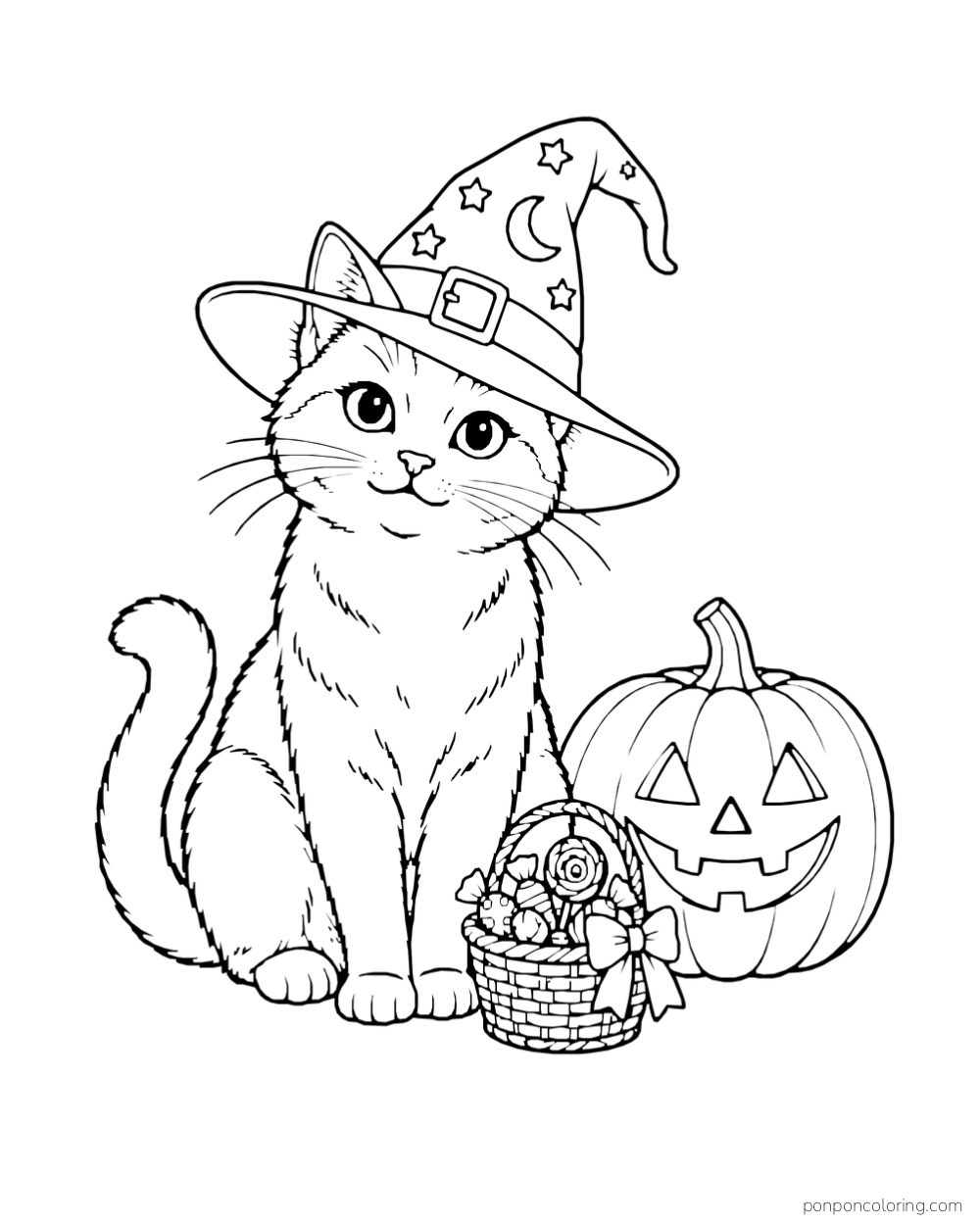 A cat wears a star-patterned witch hat beside a jack-o-lantern and candy basket.