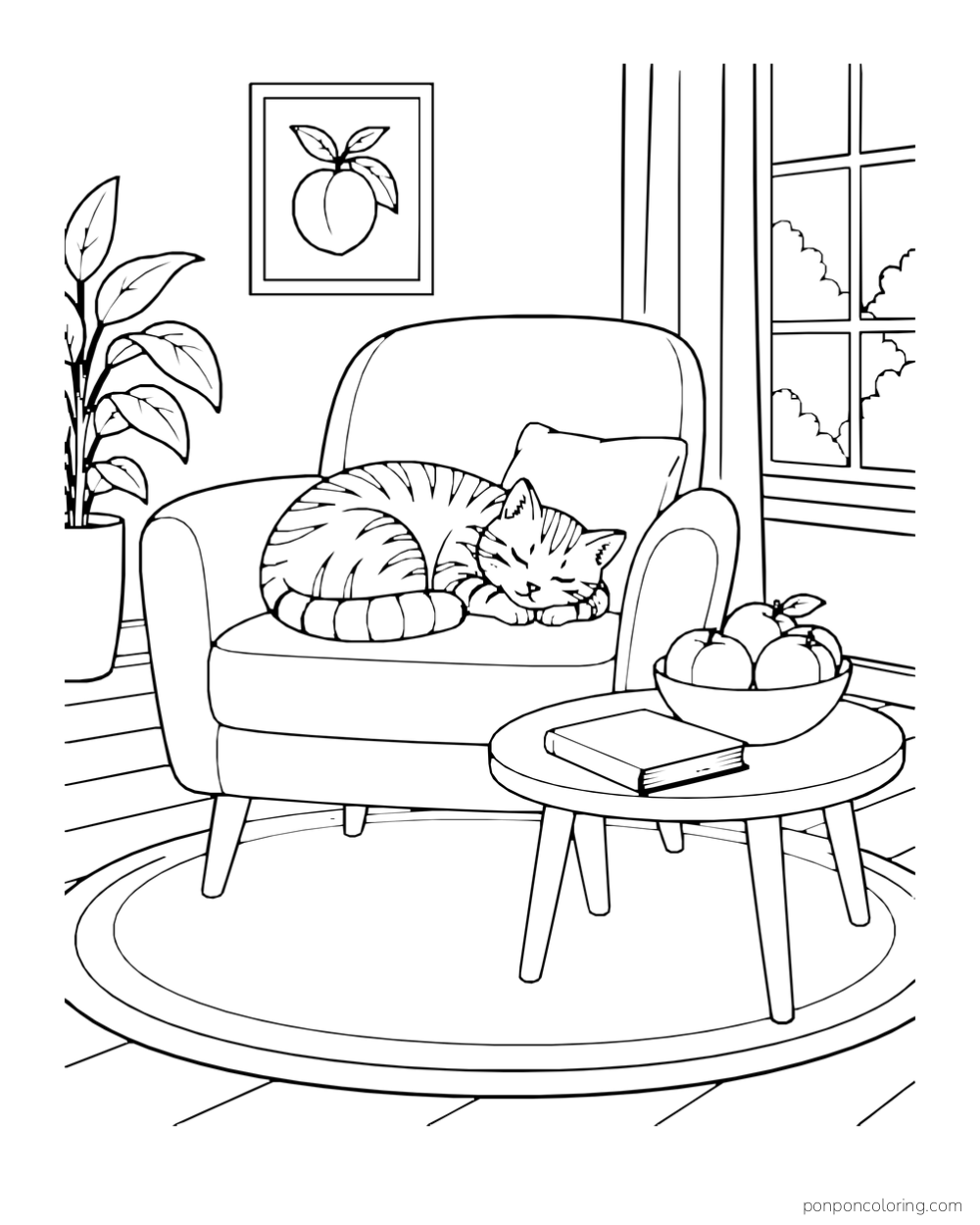 Striped cat asleep in an armchair beside a low table with peaches and a closed book.