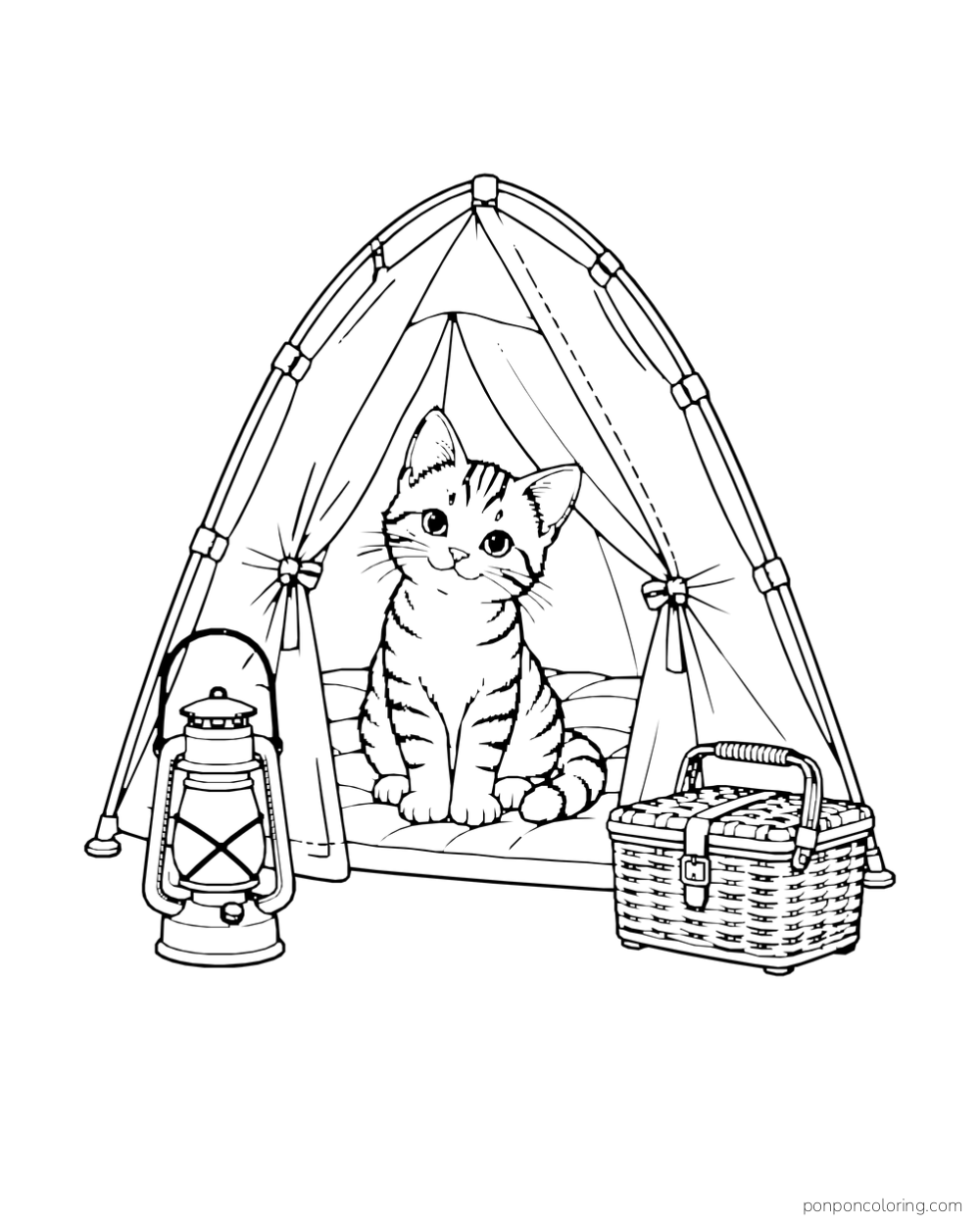 A tabby cat sits inside a tent beside a lantern and picnic basket.