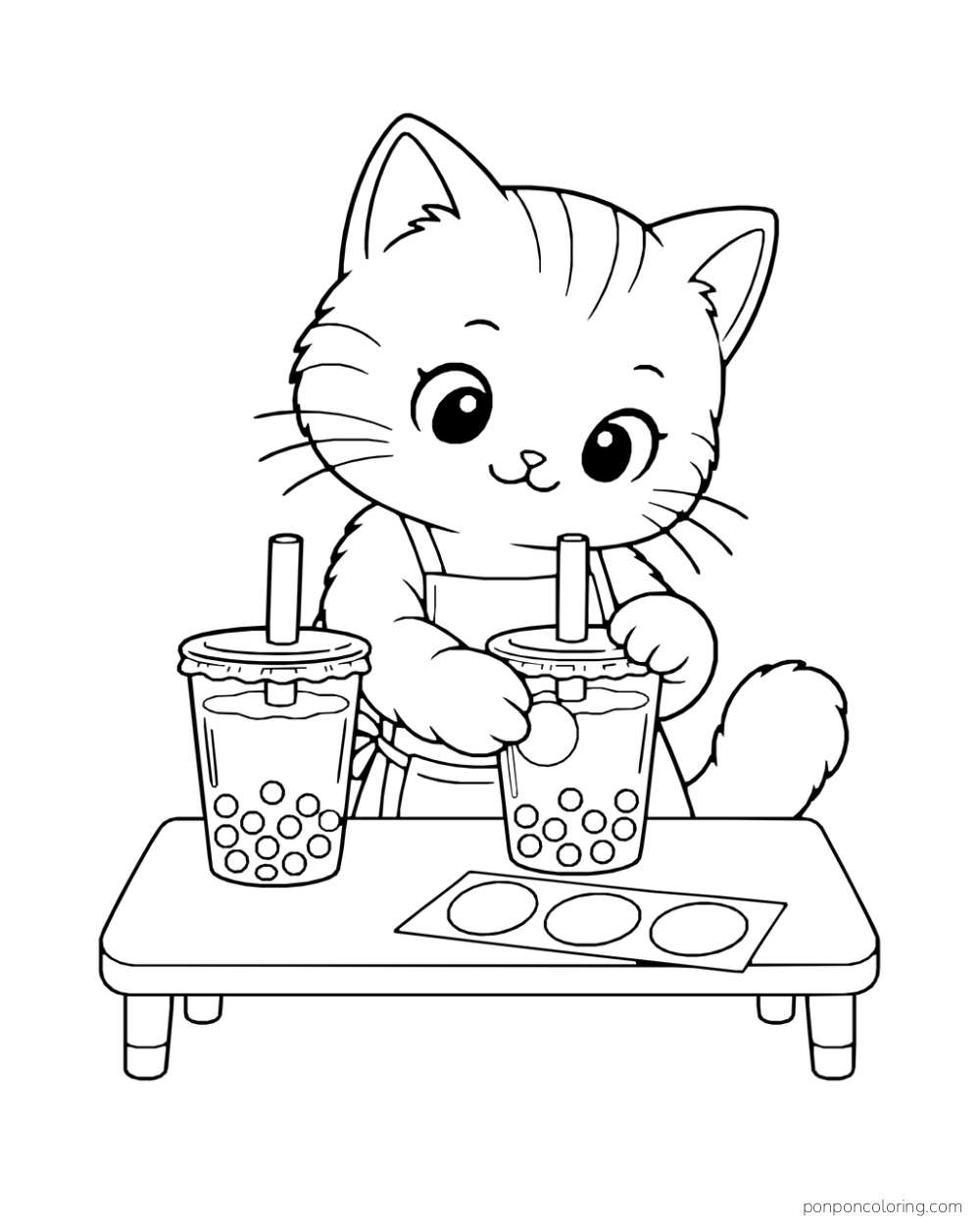 A cat holds one of two boba cups above a small sheet of blank round stickers.
