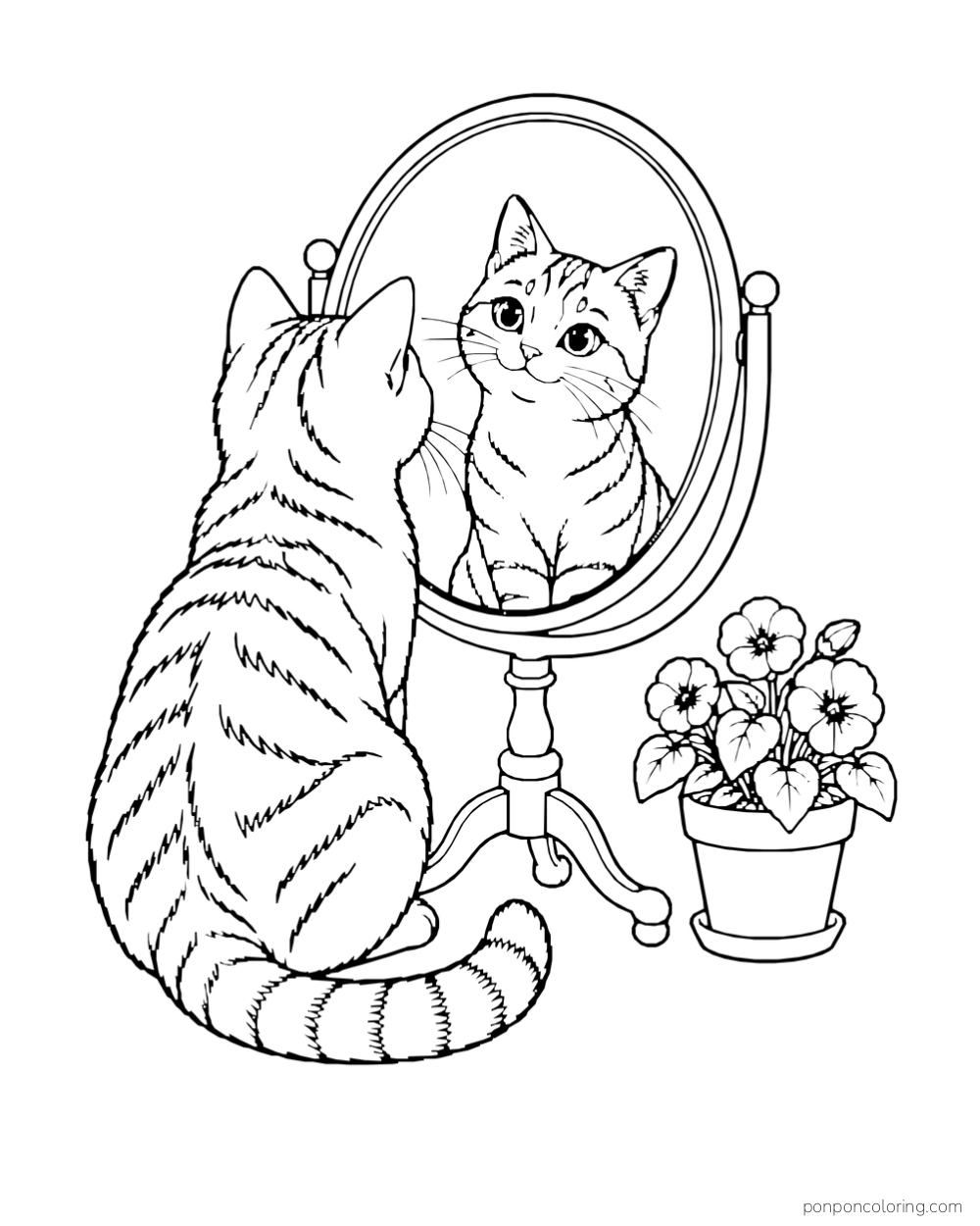A tabby cat looks at its reflection in an oval standing mirror beside a flowerpot.