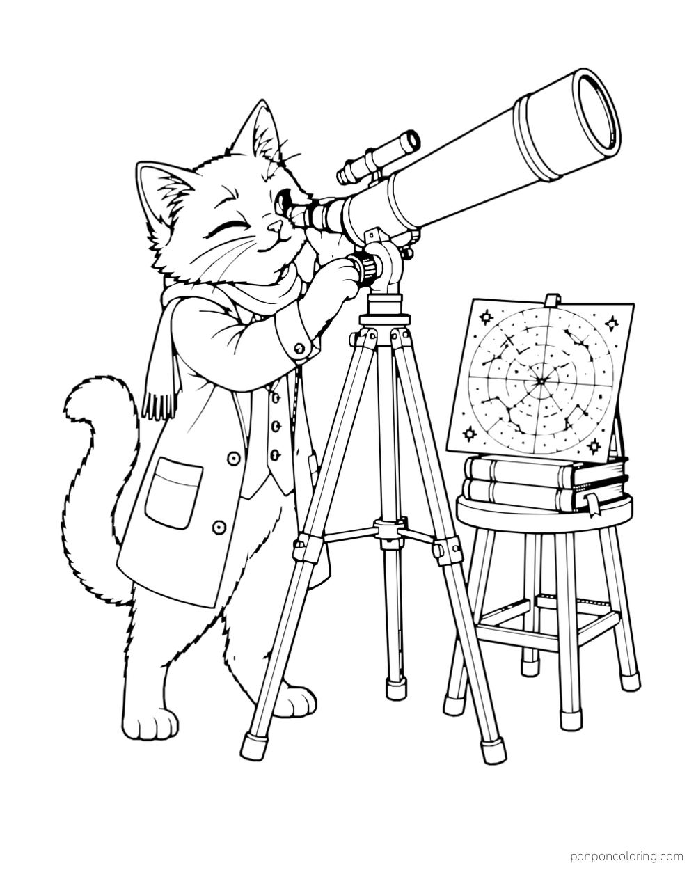 A cat looks through a telescope on a tripod beside a star chart and books on a stool.
