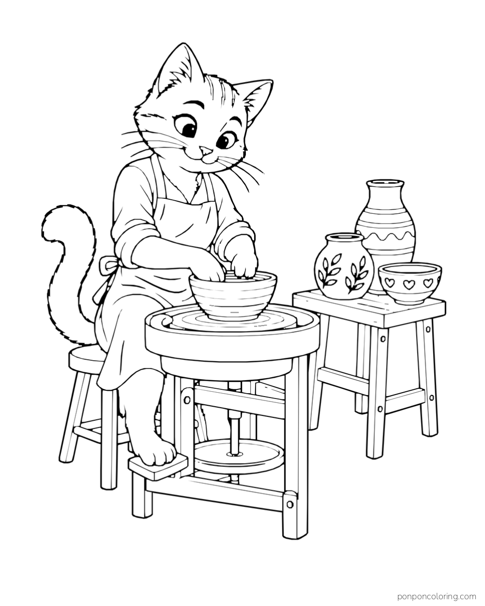 A cat shapes a bowl at a pottery wheel beside finished pots on a stool.