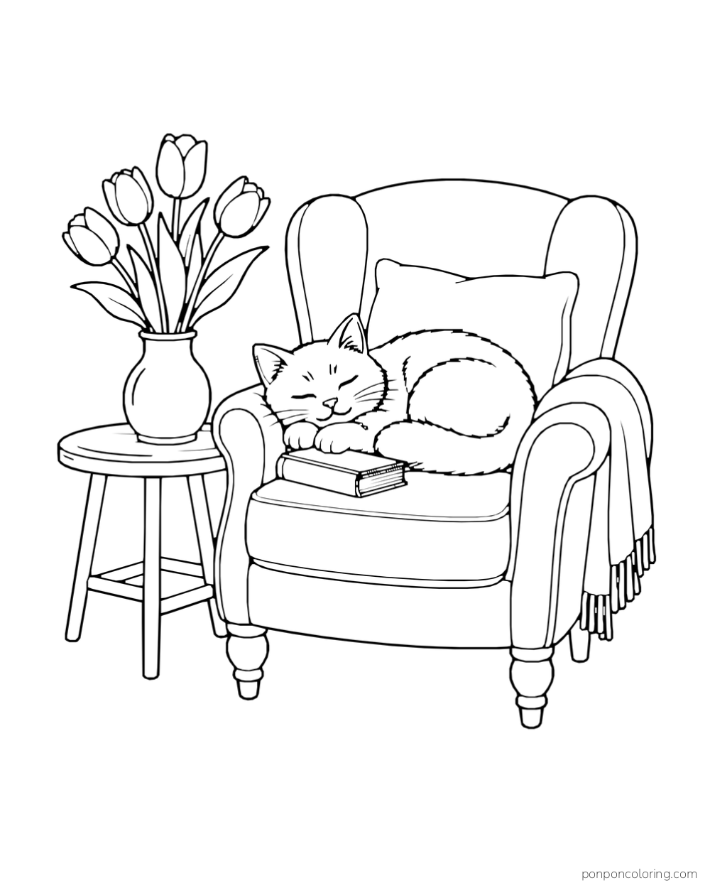 A sleeping cat curled in an armchair beside a vase of tulips on a stool.