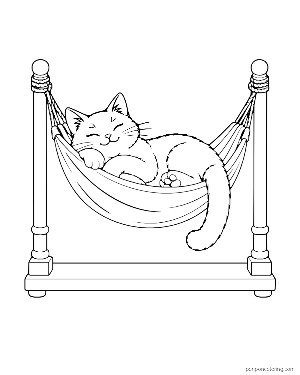 A cat naps in a hammock between two short posts on a complete base.