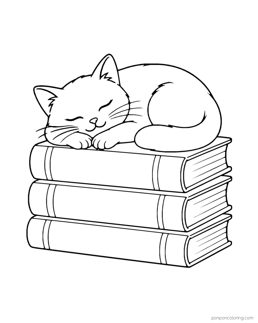 A curled sleeping cat on top of three stacked books.
