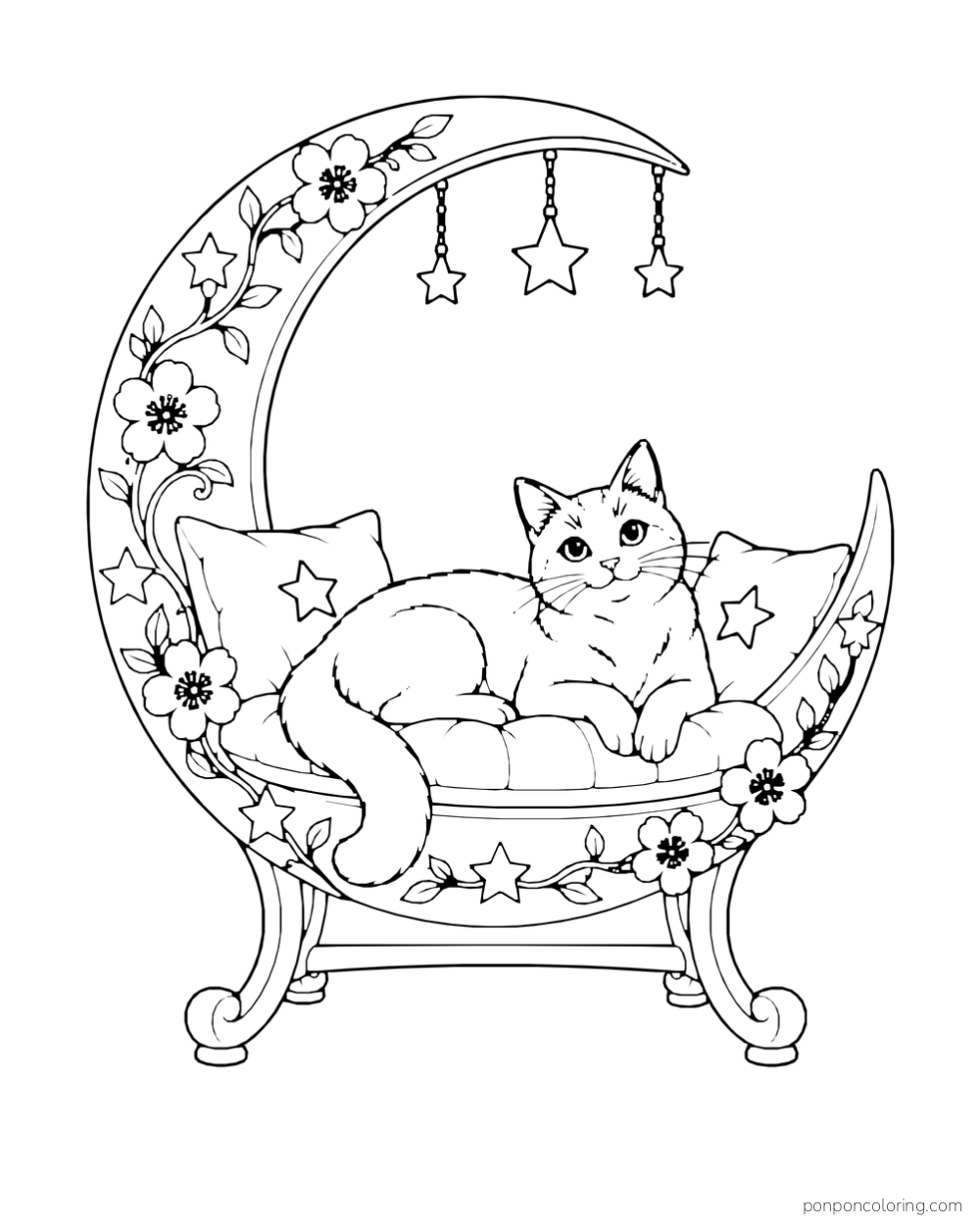 A cat rests on a large crescent seat with floral ornaments, star cushions, and three hanging stars.