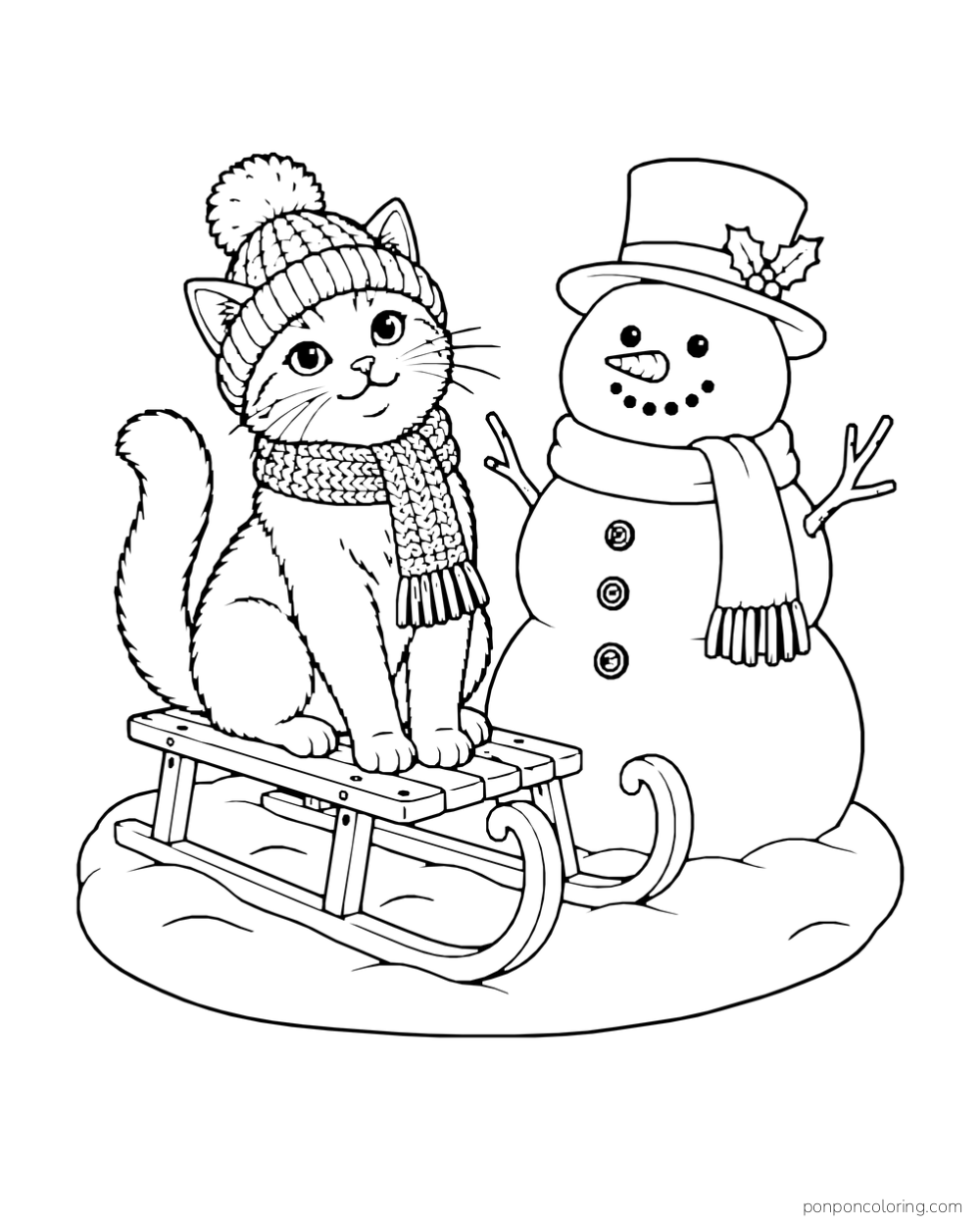 A cat in a knit hat and scarf sits on a sled beside a snowman.