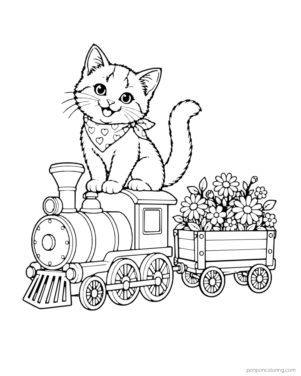A kitten in a bandana sits on a toy locomotive pulling a wagon of flowers.