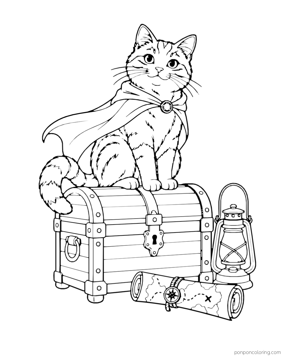 A caped cat sits on a closed treasure chest beside a lantern and rolled map.