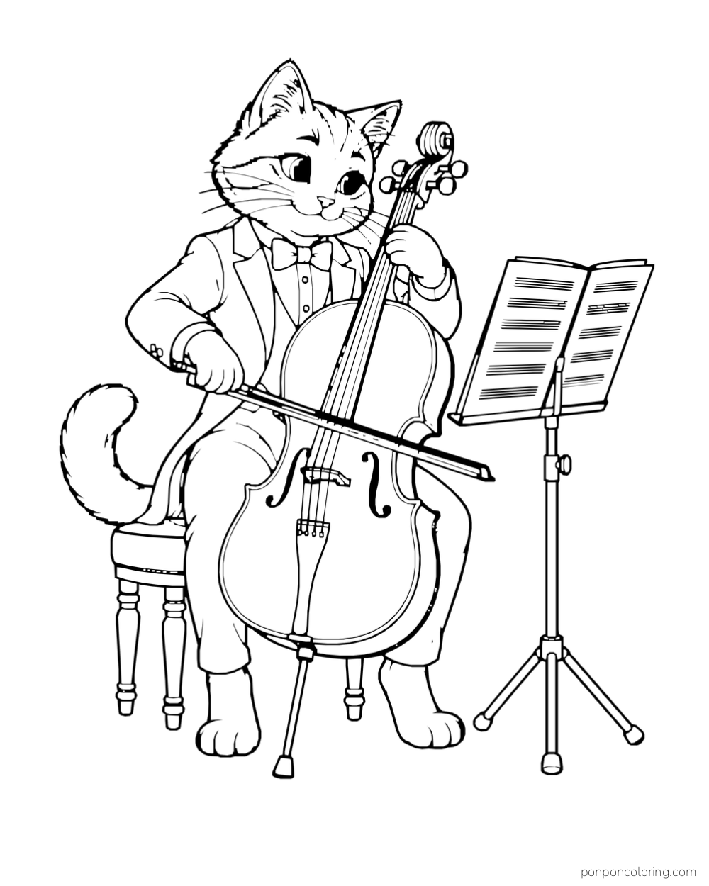A cat plays a cello on a stool beside a music stand.