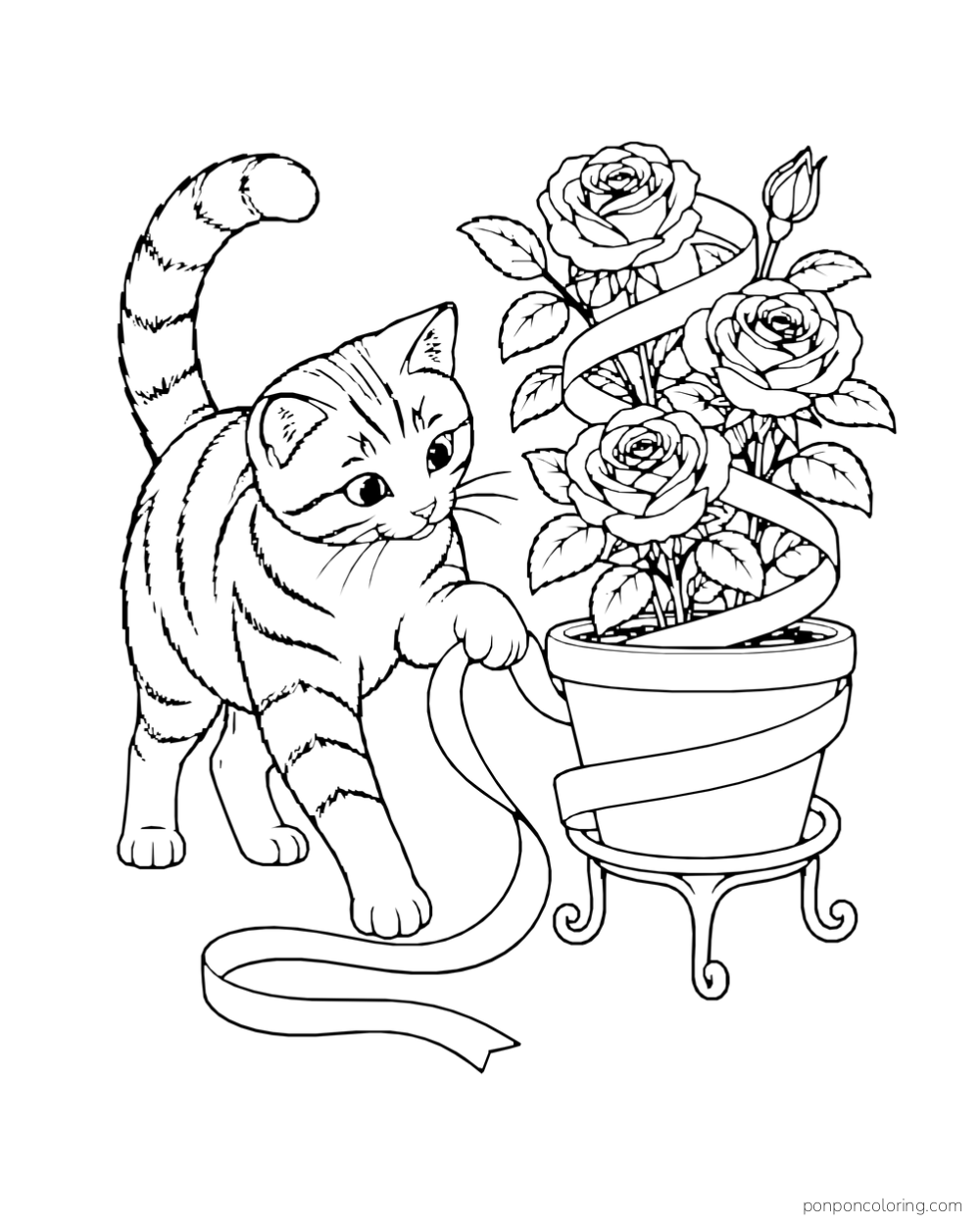 A cat follows a ribbon wound around a pot of roses on a small stand.