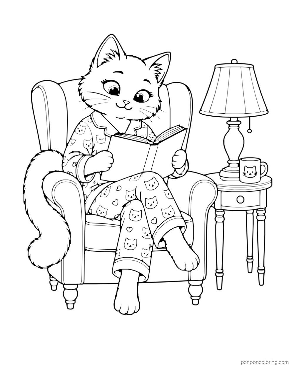 A cat wearing patterned pajamas reads in an armchair beside a lamp and mug on a small table.