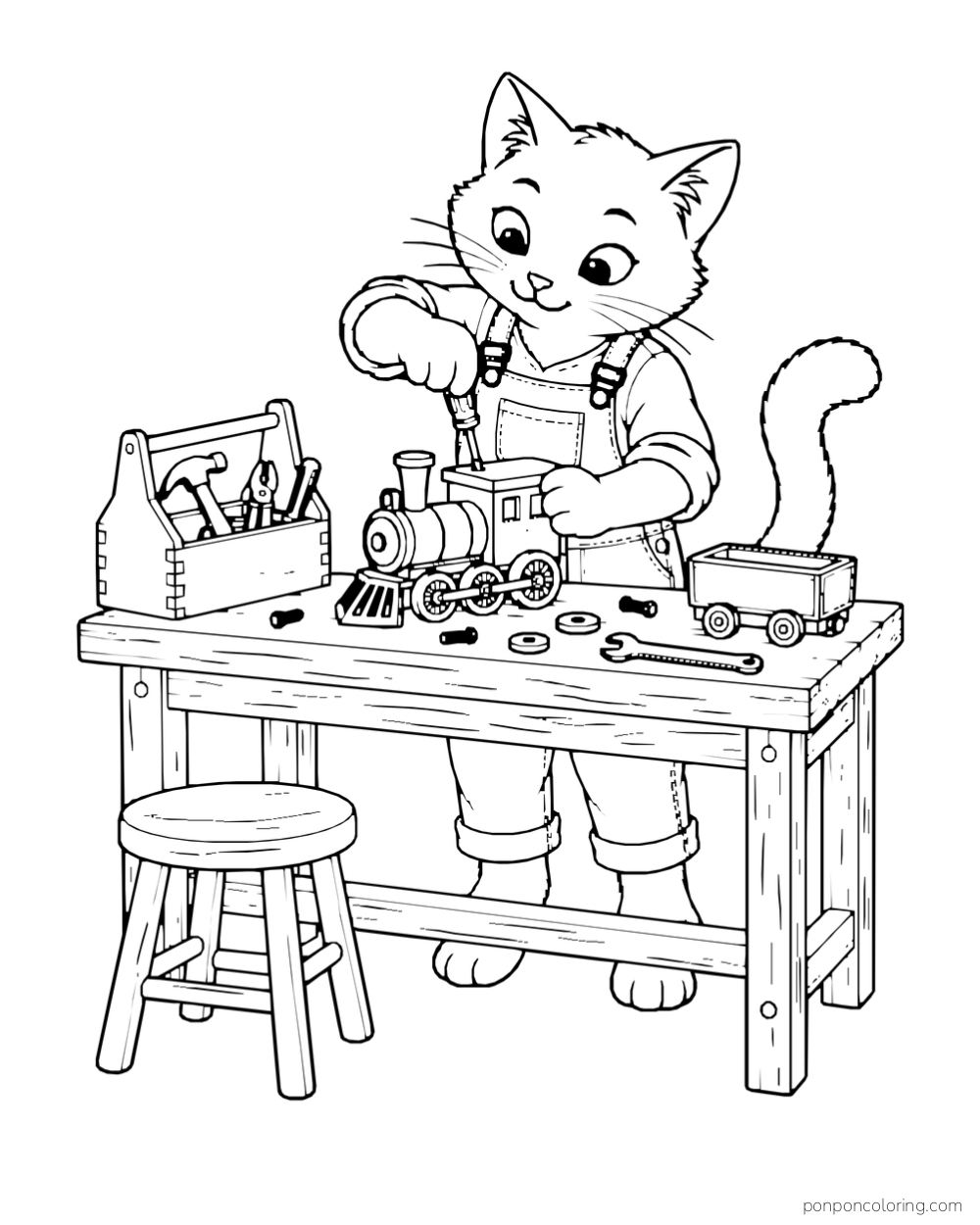 A cat in overalls repairs a toy train at a workbench with tools and a toolbox.