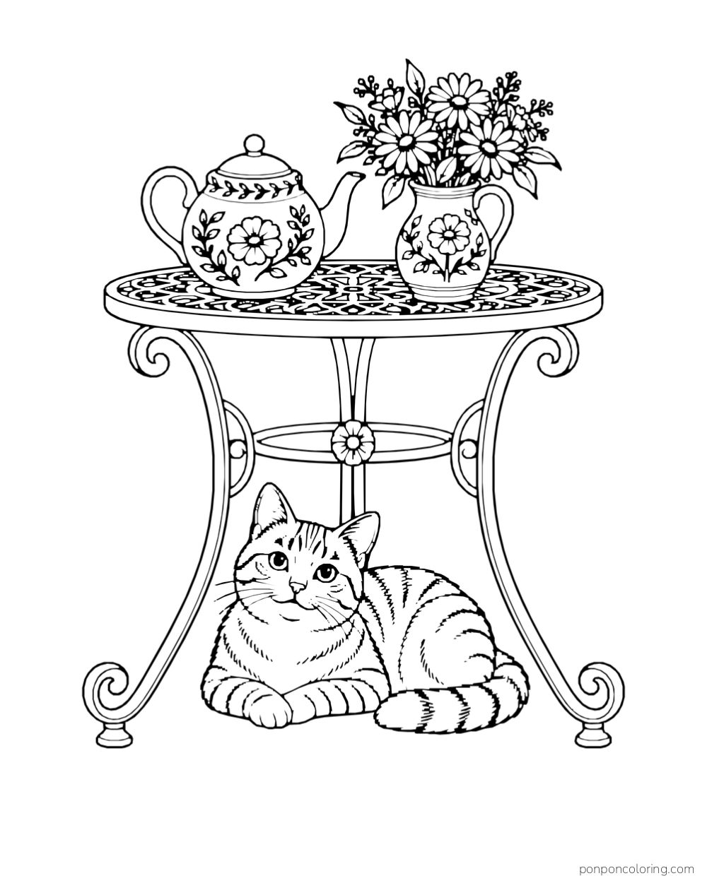 A cat rests beneath an ornate patio table holding a teapot and flower vase.