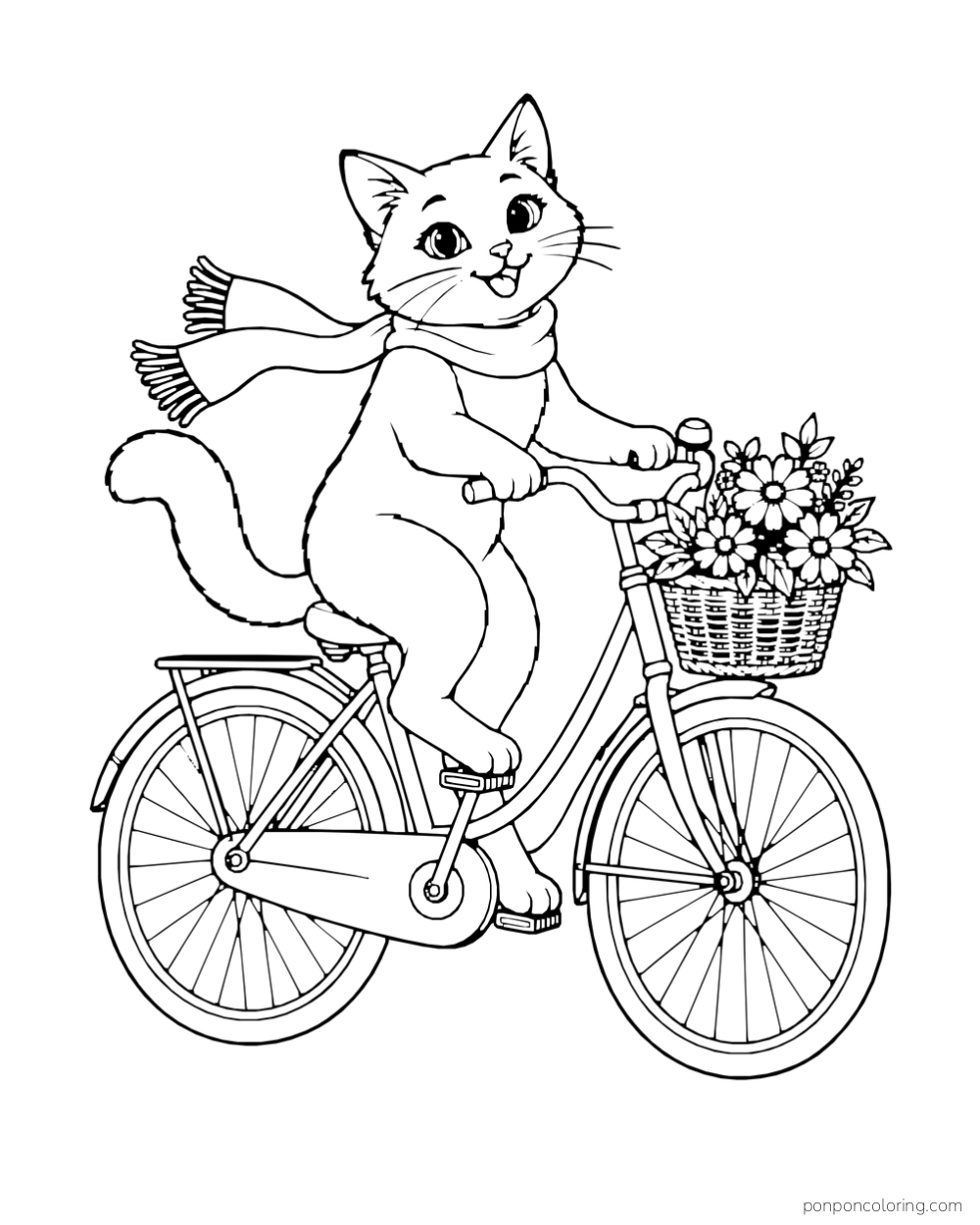 A cat wearing a scarf rides a bicycle with a basket of flowers.