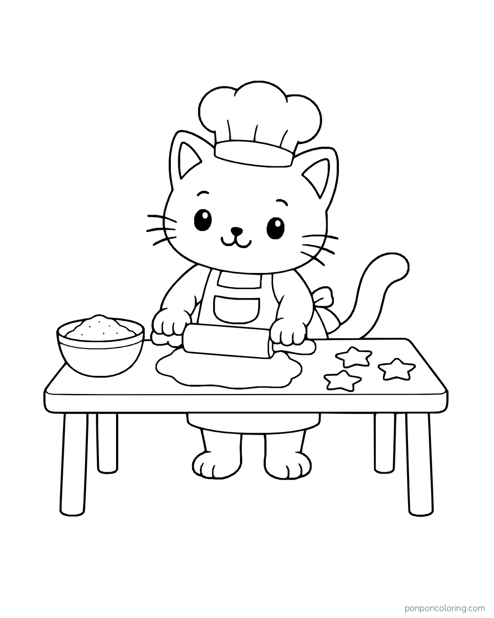 Cat baker rolling dough beside three star cookies and a bowl of flour.