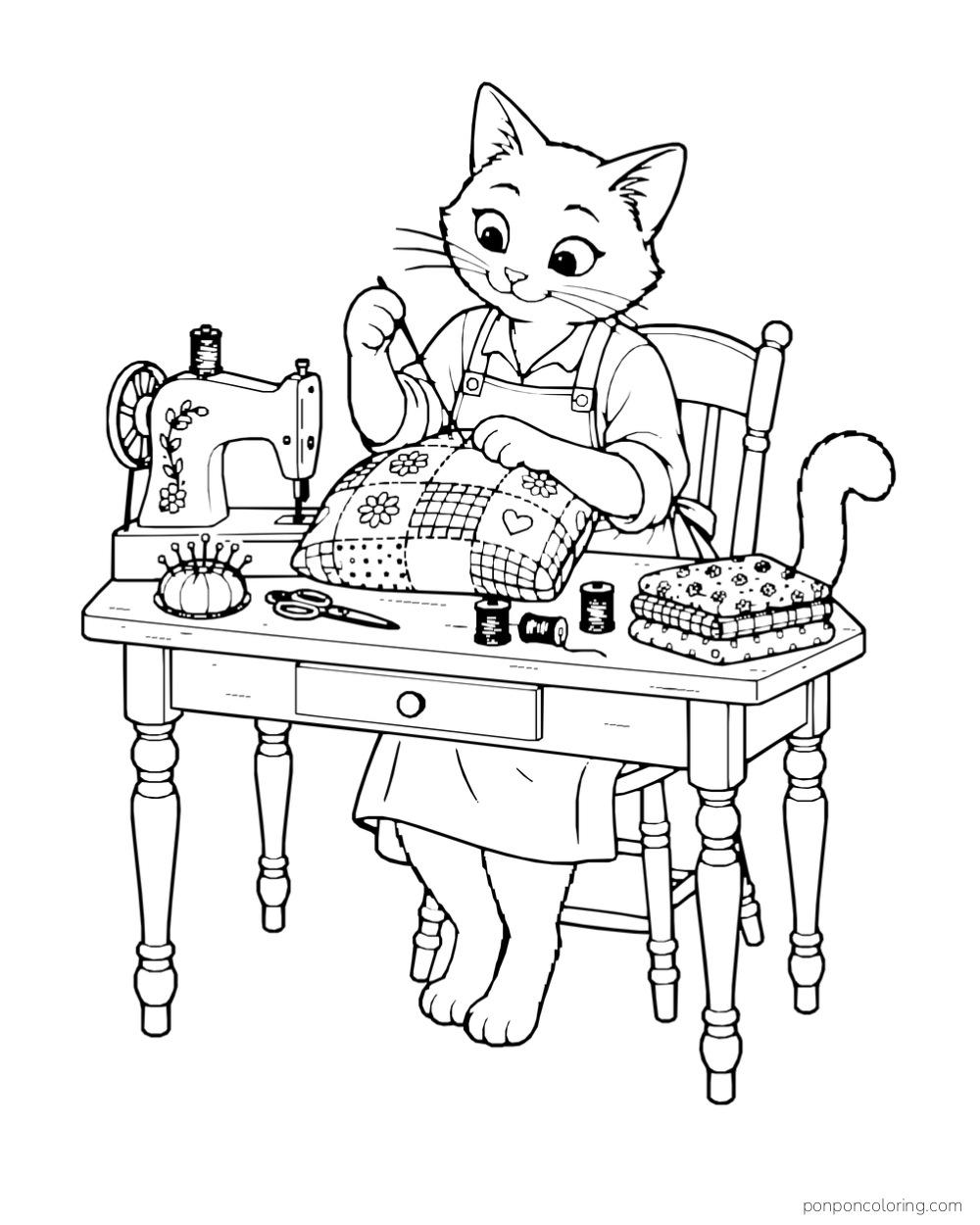 A cat sews a patchwork cushion at a table with a sewing machine and sewing supplies.