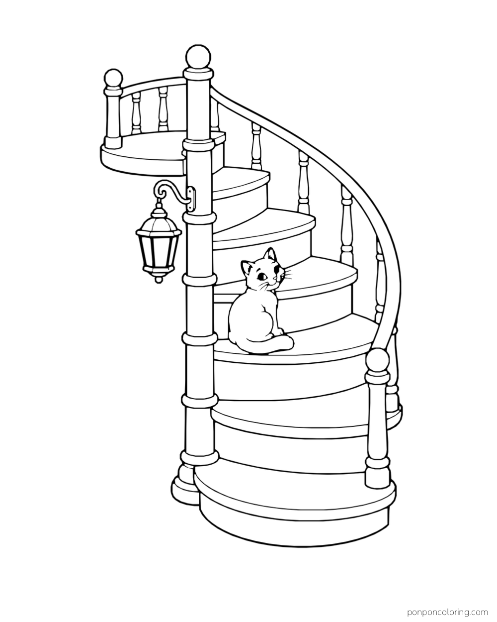 A cat sitting on a curved staircase with a winding railing and a hanging wall lantern.
