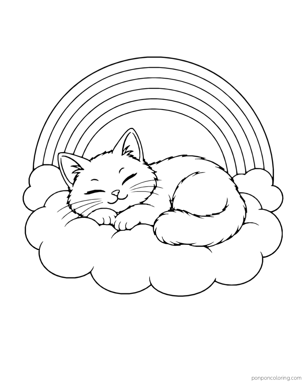 A cat naps on a cloud beneath a rainbow.