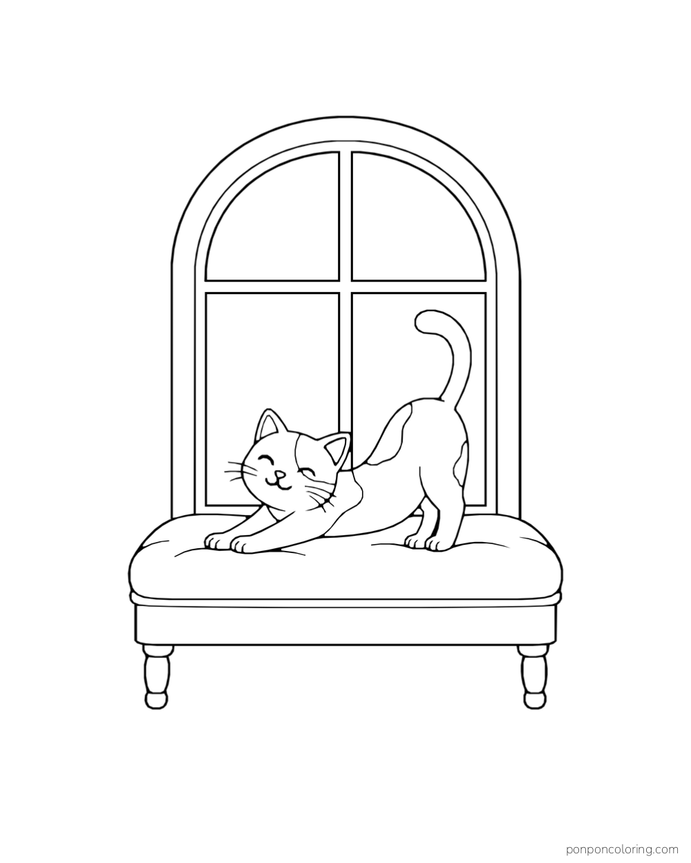 A patch-marked cat stretches on a cushioned seat beneath a tall arched window.