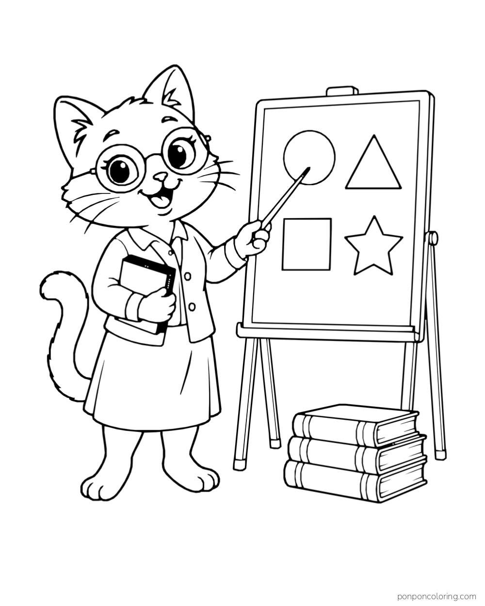 A cat teacher wears glasses and points to shapes on a board beside a stack of books.