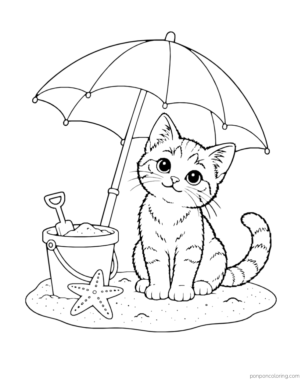 A cat sits under a beach umbrella beside a sand bucket, shovel, and starfish.