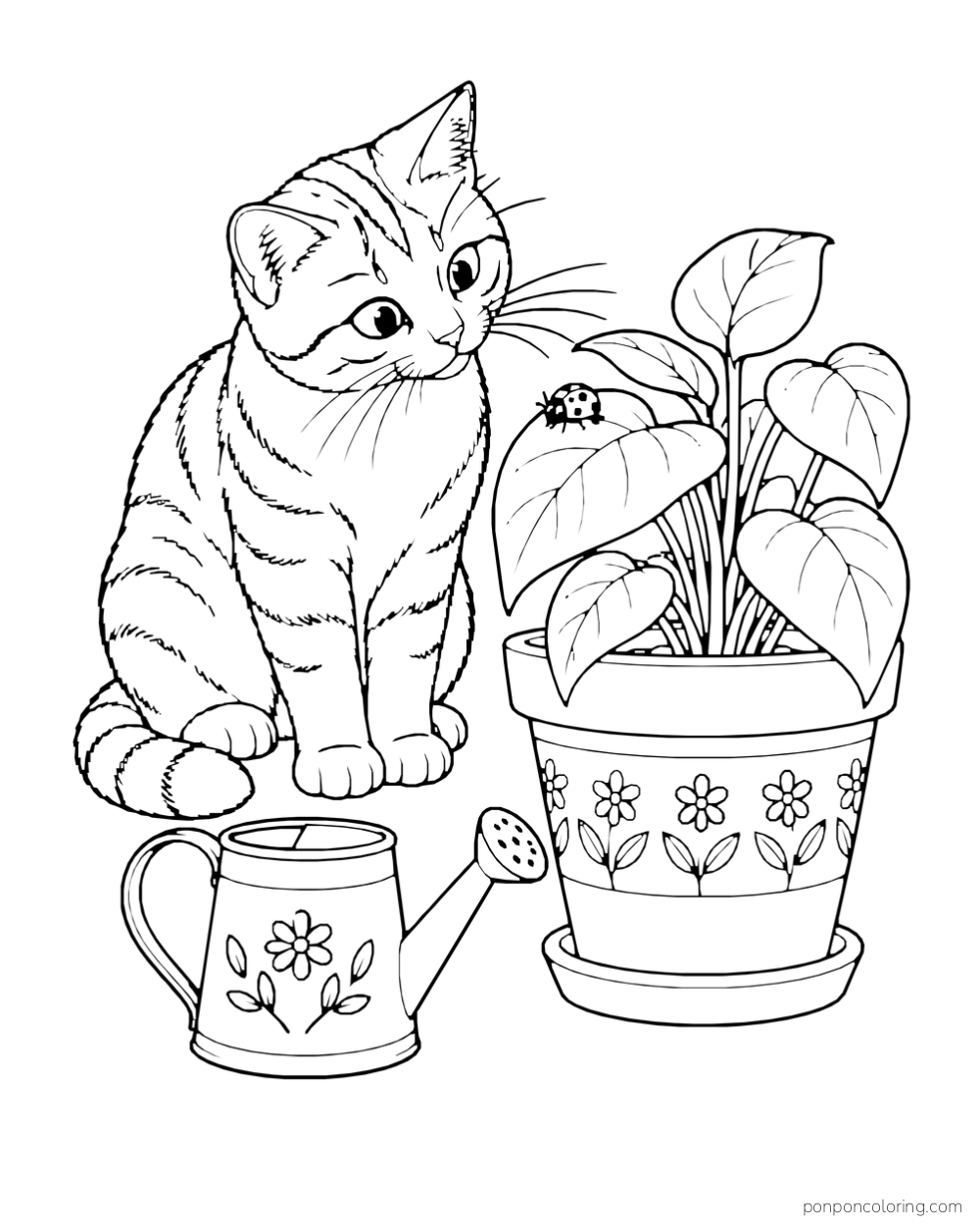A cat watches a ladybug on a potted leaf beside a watering can.