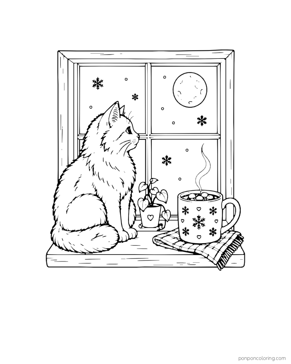 A cat sits by a window and looks toward a steaming cocoa mug on the sill.