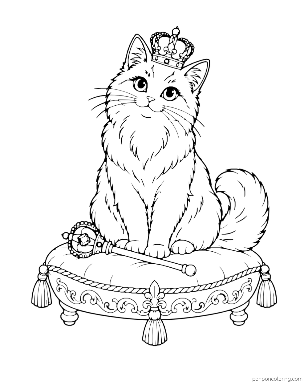 A fluffy cat wears a crown on an ornate cushion beside a toy scepter.