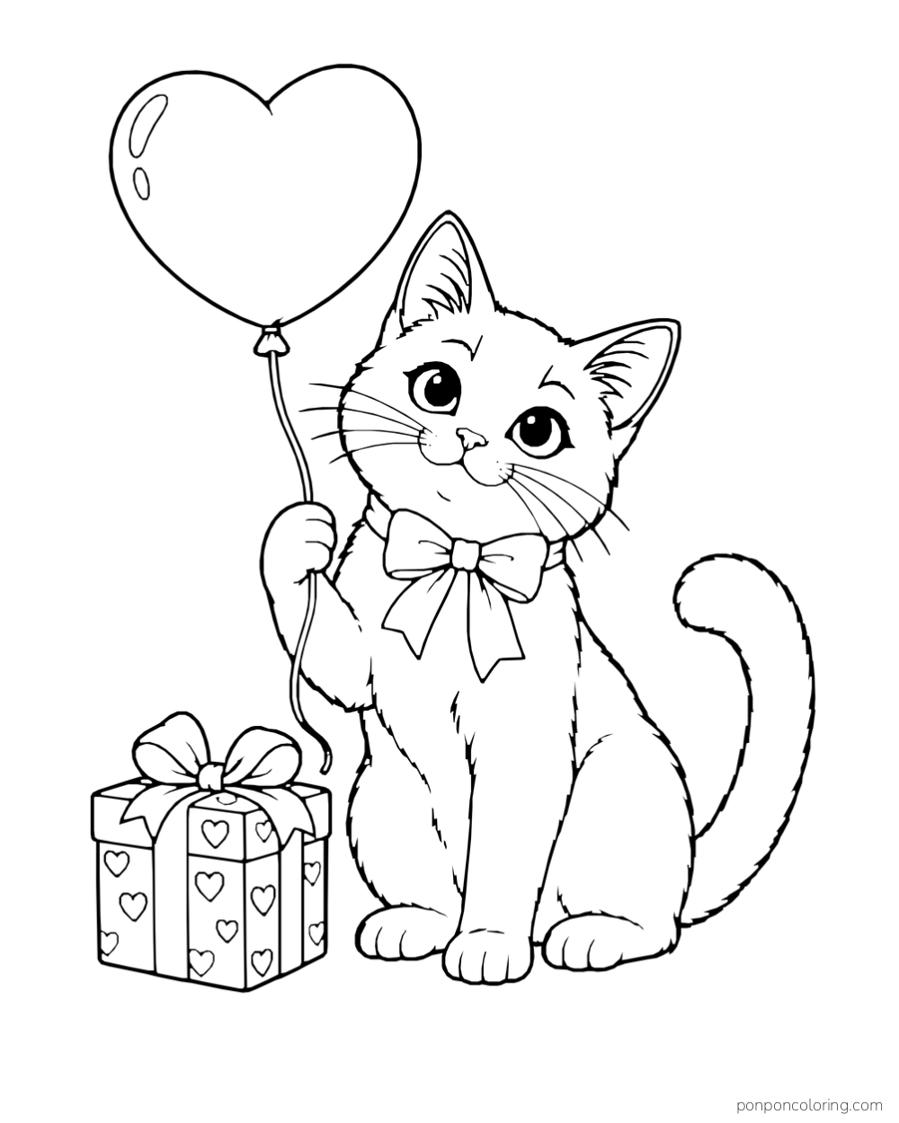 A bow-wearing cat holds a heart balloon beside a small gift.