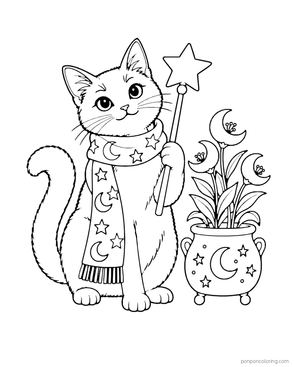 A cat wears a moon-and-star scarf and holds a star wand beside a pot of crescent flowers.