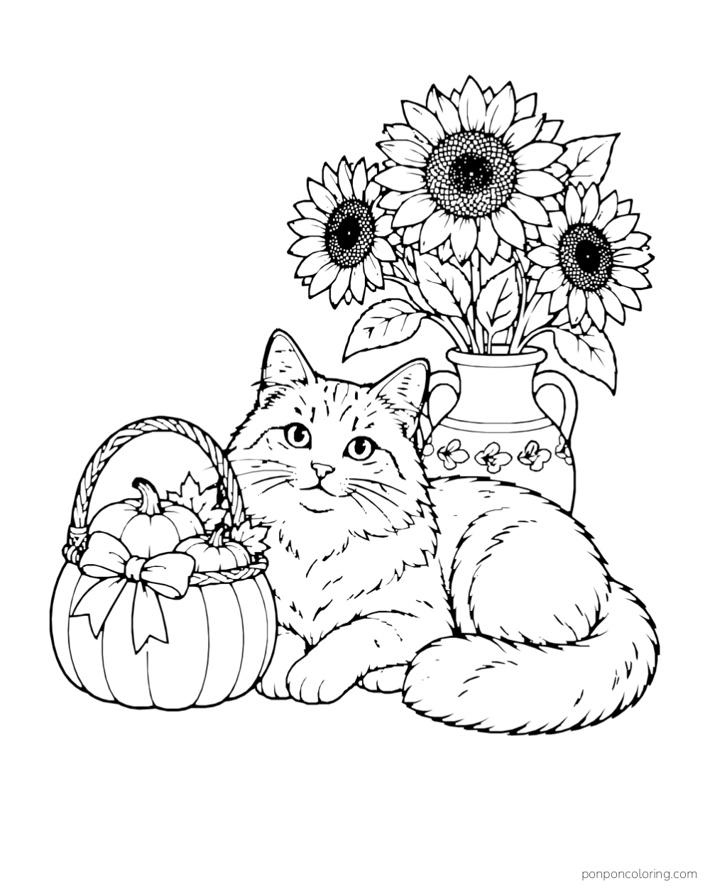 A fluffy cat rests beside a pumpkin, basket, and pitcher of sunflowers.