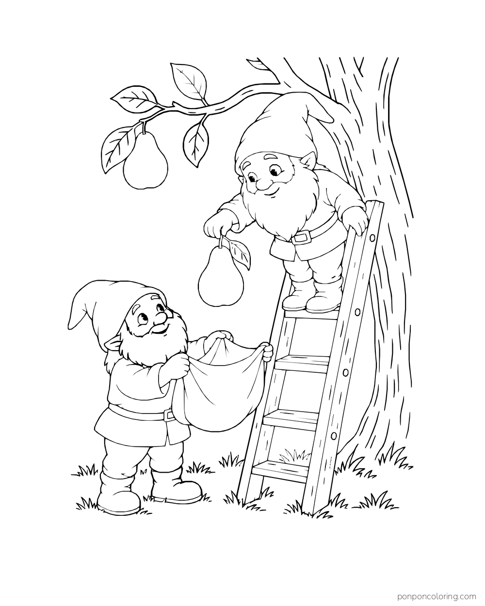 Gnome on a ladder lowering a pear into a cloth held by another gnome.