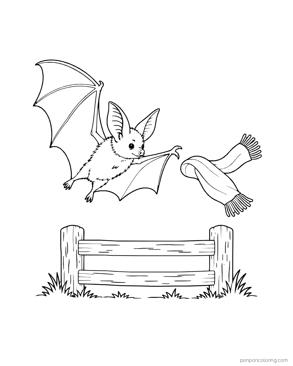 A bat reaches toward a floating scarf above a short two-post fence.