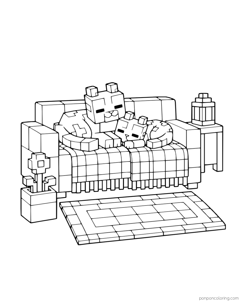 Two blocky cats rest on a sofa with a checked blanket, a rug, and a lantern on a side table.