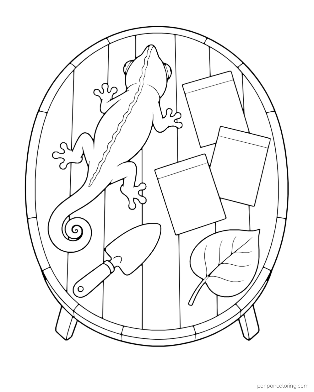Seen from above, a chameleon walks beside three blank seed packets, a trowel, and a leaf on an oval table.