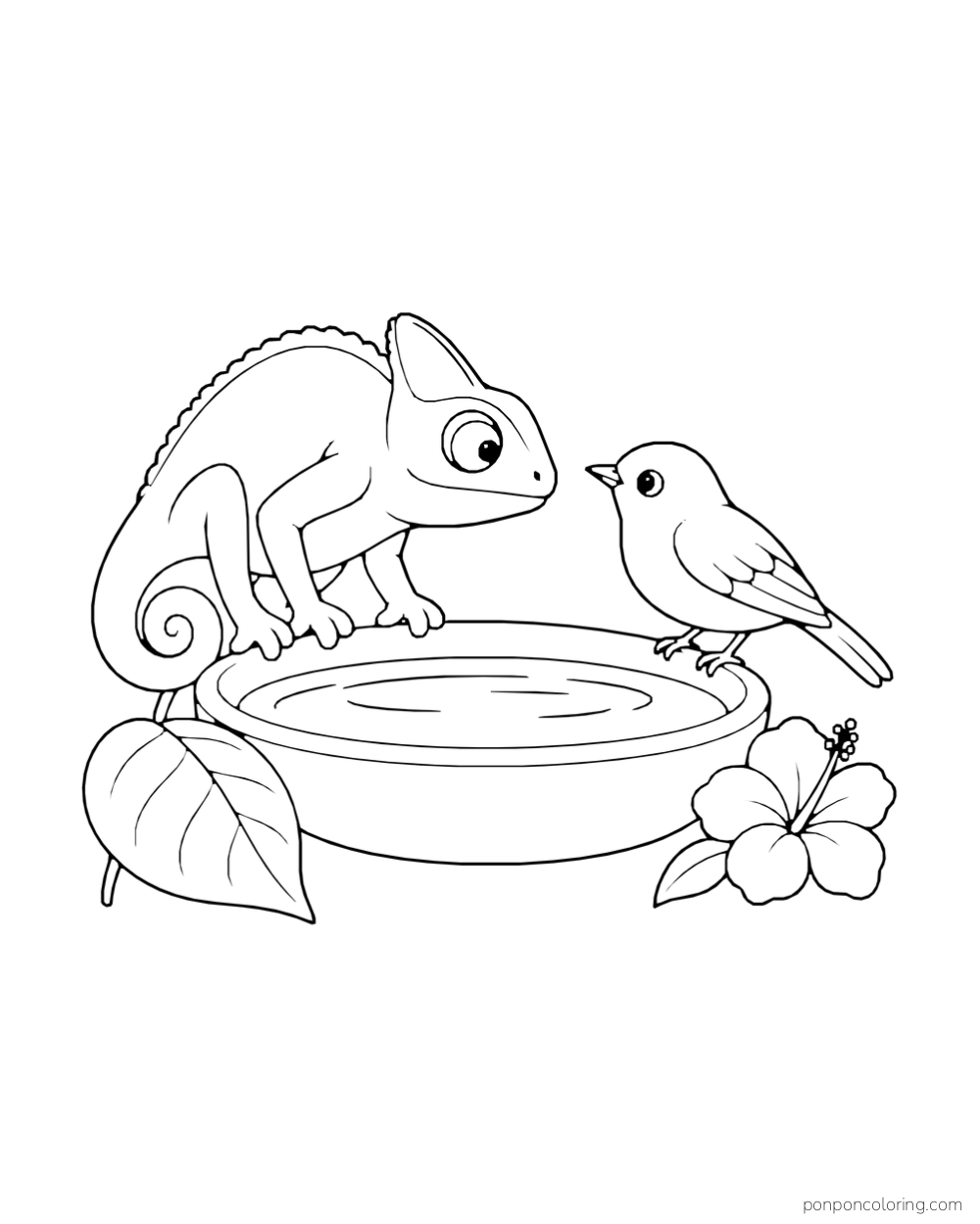 A chameleon and a small bird face each other across a shallow round water bowl beside a flower.