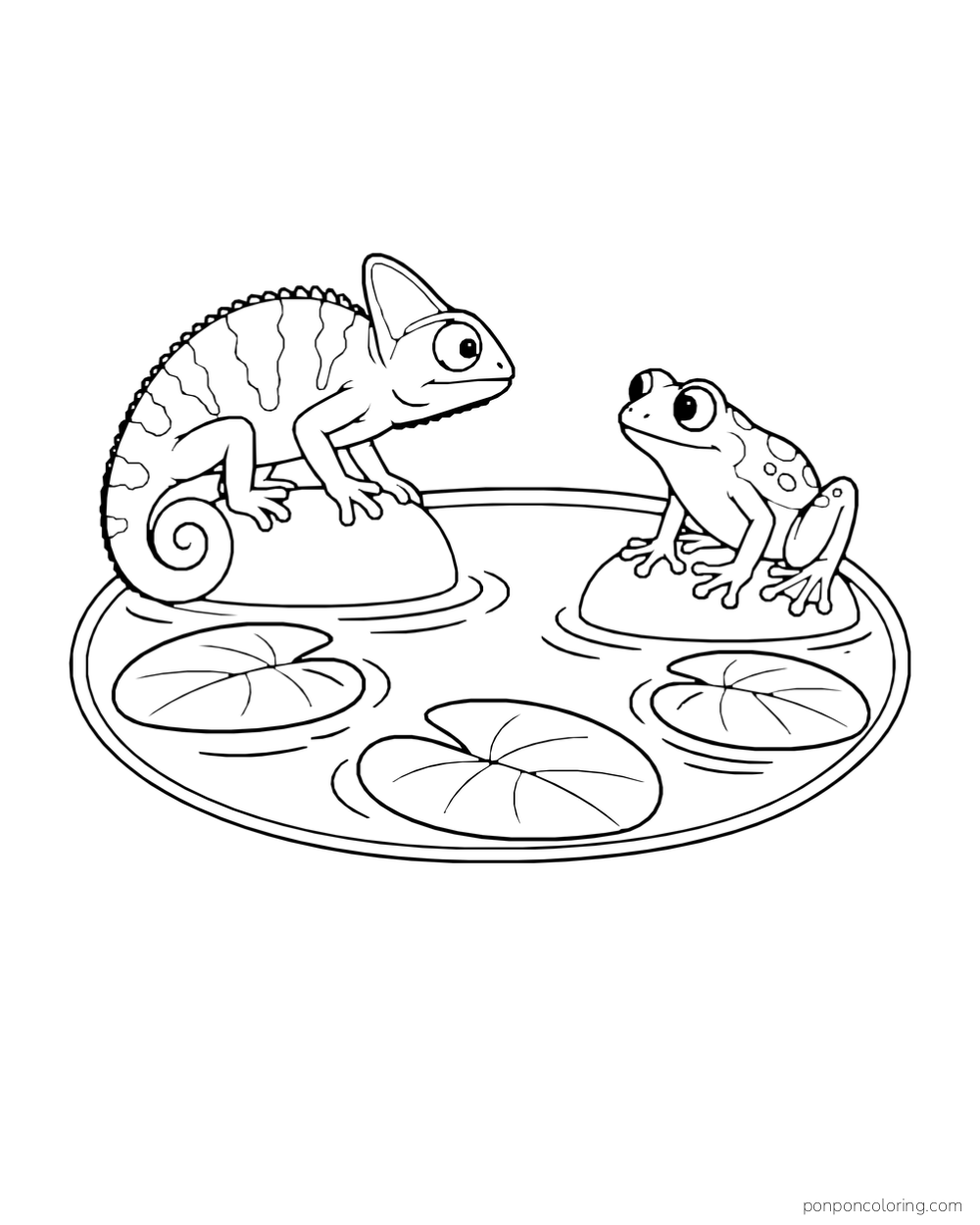 A chameleon and a small frog sit on separate stones across a closed oval pond with lily pads.