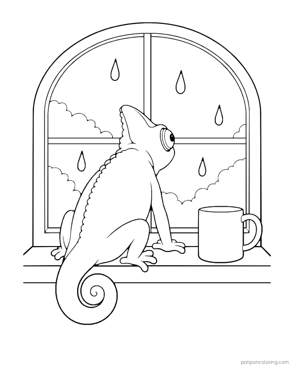Seen from behind, a chameleon sits beside a mug on a window ledge and looks toward raindrops outside.