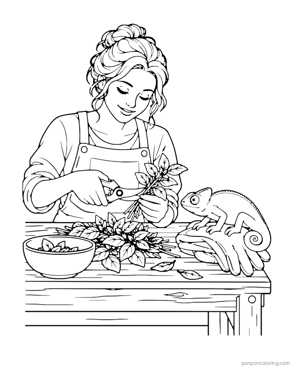 An adult trims herbs on a work surface while a chameleon watches beside the leaves.