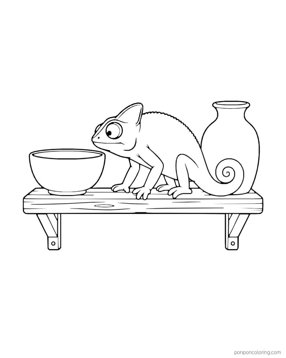 A chameleon rests on a small shelf between a plain bowl and vase.